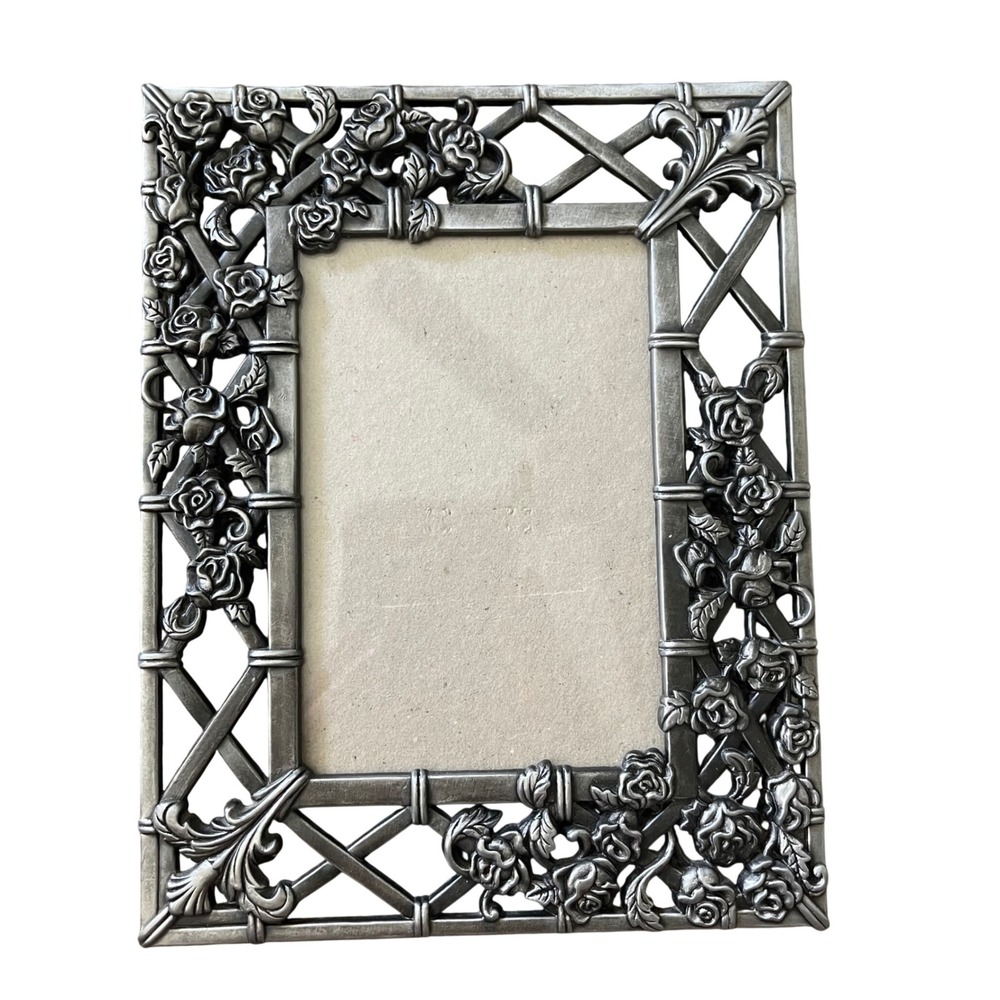 Vtg silver Mid Century Modern 3.5x5 Picture Frame‎ Ornate Etched flower filigree